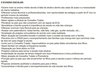 V-EVASÃO ESCOLAR:
•Ocorre mais no ensino médio devido â falta de atrativo dentro das salas de aulas e a necessidade
do menor trabalhar.
•Oferecer cursos técnicos e profissionalizantes, com oportunidade de estágios a partir do 6º ano no
período inverso do estudado.
•Professores mais preparados.
•Maior rigidez e eficácia do Conselho Tutelar.
•Penalizar os pais que não cumprirem com as regras da ECA.
•Sensibilizar a família quanto à importância da escola na vida das crianças.
•Oferecer currículo mais flexível para as crianças.
•Acabar com paternalismo: bolsa família, vale leite, vale gás, auxílio reclusão, etc.,.
•Ampliação de projetos comunitários de acordo com cada realidade.
•Maior atuação do Conselho Escolar e estreitar mais o contato da escola com a família.
•Parceria com o CRAS para o acompanhamento das famílias cuja criança tem que caminhar mais
de dois km para chegar à escola.
•Junto com o Conselho Tutelar, responsabilizar os pais pelas faltas reincidentes dos filhos.
•Apoio familiar em relação à frequência escolar.
•Separação por faixa etária no EJA.
•Projetos criativos para tornar a escola mais atrativa.
•Implantação de escolas de tempo integral com boa infraestrutura e bons profissionais.
•Maior atuação do Conselho Tutelar e Promotoria.
•Punição para os pais que não encaminhar os filhos para a escola e para o reforço em período
oposto.
•Propiciar ambiente acolhedor e atraente para pais e filhos.
•Conscientizar a família para o acompanhamento da vida escolar dos filhos.
 