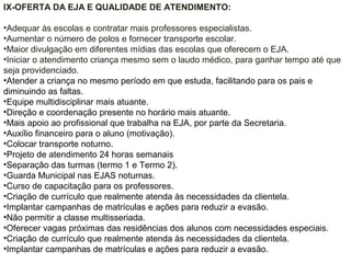 IX-OFERTA DA EJA E QUALIDADE DE ATENDIMENTO:
•Adequar às escolas e contratar mais professores especialistas.
•Aumentar o número de polos e fornecer transporte escolar.
•Maior divulgação em diferentes mídias das escolas que oferecem o EJA.
•Iniciar o atendimento criança mesmo sem o laudo médico, para ganhar tempo até que
seja providenciado.
•Atender a criança no mesmo período em que estuda, facilitando para os pais e
diminuindo as faltas.
•Equipe multidisciplinar mais atuante.
•Direção e coordenação presente no horário mais atuante.
•Mais apoio ao profissional que trabalha na EJA, por parte da Secretaria.
•Auxílio financeiro para o aluno (motivação).
•Colocar transporte noturno.
•Projeto de atendimento 24 horas semanais
•Separação das turmas (termo 1 e Termo 2).
•Guarda Municipal nas EJAS noturnas.
•Curso de capacitação para os professores.
•Criação de currículo que realmente atenda às necessidades da clientela.
•Implantar campanhas de matrículas e ações para reduzir a evasão.
•Não permitir a classe multisseriada.
•Oferecer vagas próximas das residências dos alunos com necessidades especiais.
•Criação de currículo que realmente atenda às necessidades da clientela.
•Implantar campanhas de matrículas e ações para reduzir a evasão.
 