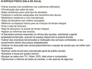XI-ESPAÇO FÍSICO (SALA DE AULA):
•Várias escolas com problemas nas coberturas (telhados).
•Climatização das salas de aula.
•Salas ambientes para cada tipo de atividade.
•Cadeiras e carteiras adequadas aos tamanhos dos alunos.
•Mobiliários modernos e com manutenção.
•Salas de berçários com solário conjugado.
•Melhorar os espaços físicos para as crianças de tempo integral.
•Criar a sala de recursos.
•Sala de descanso na escola de tempo integral.
•Agilizar as reformas das escolas.
•A Secretaria precisa responder os ofícios das escolas, solicitando urgente
ampliação/construção, quando há espaço disponível na própria Escola.
•Cobrar das empresas terceirizadas a realização dos serviços contratados, o seu
cumprimento dentro dos prazos estabelecidos.
•Colocar na discussão das construções/reformas a equipe da escola que vai sofrer com
os serviços.
•Destinar verba anual para manutenção geral do prédio escolar.
•Substituir a lousa por quadro branco.
•Equipar as salas com TV, Vídeo, DVD, data show e computador.
•Oportunizar a reforma de todas as escolas, e não apenas de algumas.
 