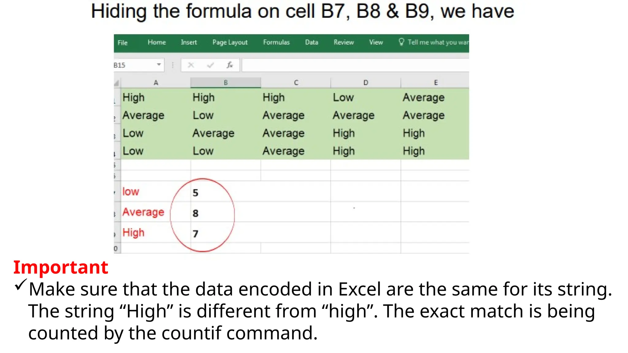 Important
Make sure that the data encoded in Excel are the same for its string.
The string “High” is different from “high”. The exact match is being
counted by the countif command.
 