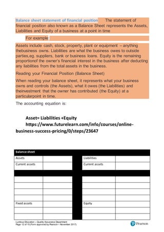 Luminus Education – Quality Assurance Department
Page 12 of 15 (Form approved by Pearson – November 2017)
Balance sheet statement of financial position The statement of
financial position also known as a Balance Sheet represents the Assets,
Liabilities and Equity of a business at a point in time
For example:
Assets include cash, stock, property, plant or equipment – anything
thebusiness owns. Liabilities are what the business owes to outside
parties,eg. suppliers, bank or business loans. Equity is the remaining
proportionof the owner’s financial interest in the business after deducting
any liabilities from the total assets in the business.
Reading your Financial Position (Balance Sheet)
When reading your balance sheet, it represents what your business
owns and controls (the Assets), what it owes (the Liabilities) and
theinvestment that the owner has contributed (the Equity) at a
particularpoint in time.
The accounting equation is:
Asset= Liabilities +Equity
https://www.futurelearn.com/info/courses/online-
business-success-pricing/0/steps/23647
balance sheet
Assets Liabilities
Current assets Current assets
Fixed assets Equity
 