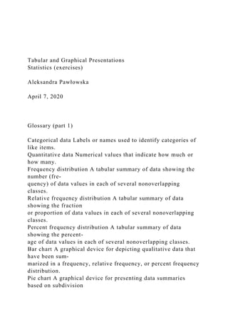 Tabular and Graphical Presentations
Statistics (exercises)
Aleksandra Pawłowska
April 7, 2020
Glossary (part 1)
Categorical data Labels or names used to identify categories of
like items.
Quantitative data Numerical values that indicate how much or
how many.
Frequency distribution A tabular summary of data showing the
number (fre-
quency) of data values in each of several nonoverlapping
classes.
Relative frequency distribution A tabular summary of data
showing the fraction
or proportion of data values in each of several nonoverlapping
classes.
Percent frequency distribution A tabular summary of data
showing the percent-
age of data values in each of several nonoverlapping classes.
Bar chart A graphical device for depicting qualitative data that
have been sum-
marized in a frequency, relative frequency, or percent frequency
distribution.
Pie chart A graphical device for presenting data summaries
based on subdivision
 