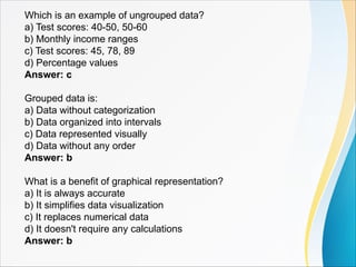 Which is an example of ungrouped data?
a) Test scores: 40-50, 50-60
b) Monthly income ranges
c) Test scores: 45, 78, 89
d) Percentage values
Answer: c
Grouped data is:
a) Data without categorization
b) Data organized into intervals
c) Data represented visually
d) Data without any order
Answer: b
What is a benefit of graphical representation?
a) It is always accurate
b) It simplifies data visualization
c) It replaces numerical data
d) It doesn't require any calculations
Answer: b
 