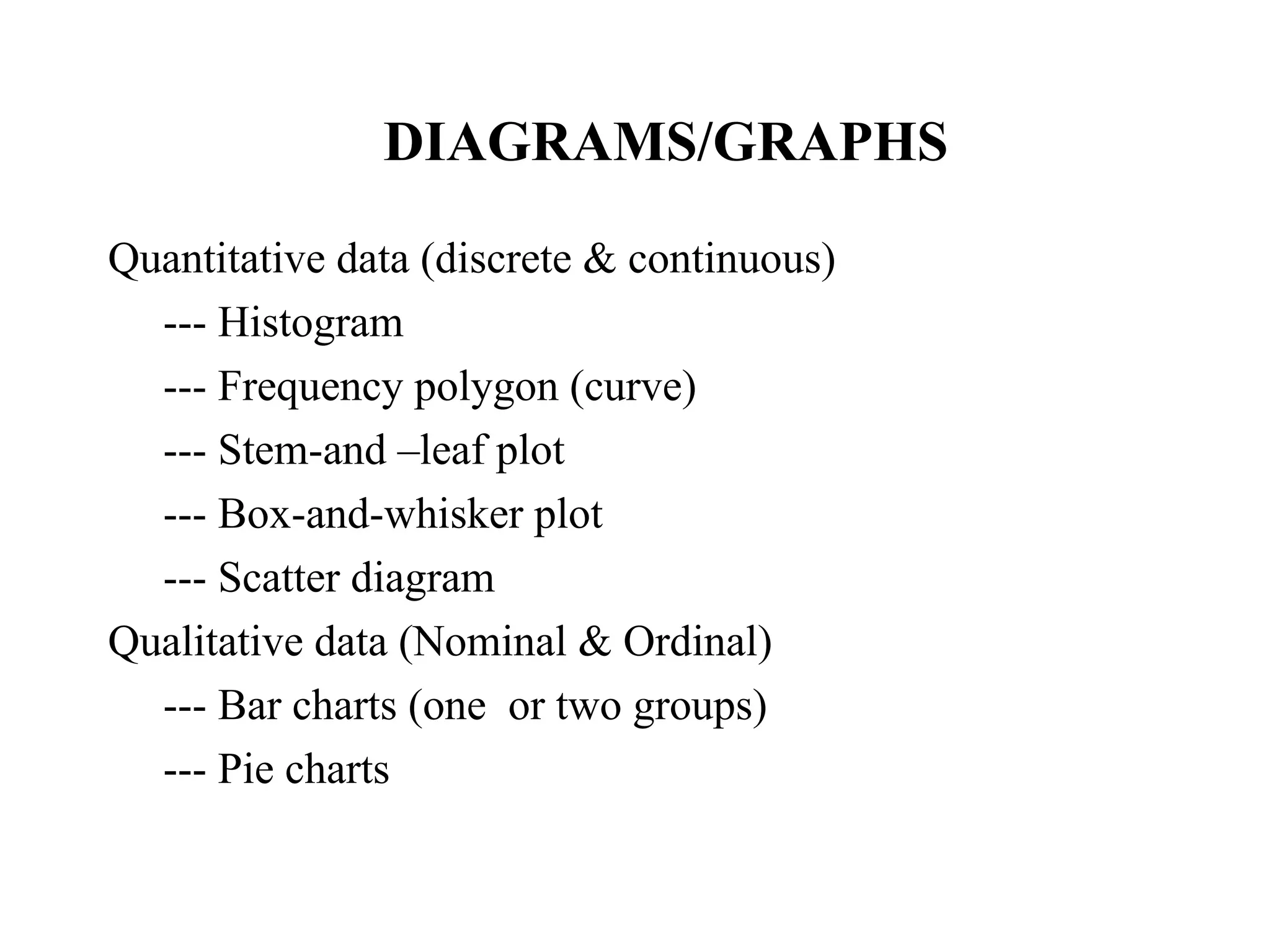 DIAGRAMS/GRAPHS
Quantitative data (discrete & continuous)
--- Histogram
--- Frequency polygon (curve)
--- Stem-and –leaf plot
--- Box-and-whisker plot
--- Scatter diagram
Qualitative data (Nominal & Ordinal)
--- Bar charts (one or two groups)
--- Pie charts
28
 