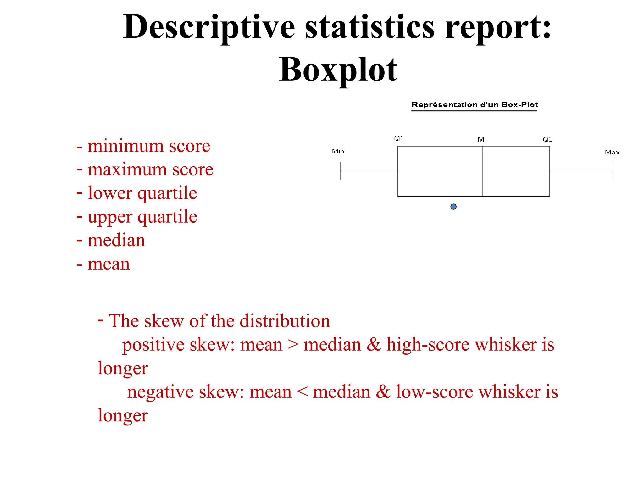 Descriptive statistics report:
Boxplot
34
- minimum score
- maximum score
- lower quartile
- upper quartile
- median
- mean
- The skew of the distribution
positive skew: mean > median & high-score whisker is
longer
negative skew: mean < median & low-score whisker is
longer
 