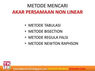 METODE MENCARI
AKAR PERSAMAAN NON LINEAR
•
•
•
•
METODE TABULASI
METODE BISECTION
METODE REGULA FALSI
METODE NEWTON RAPHSON
tutorialkeren123.blogspot.com SEMAKIN BERBAGI SEMAKIN KAYA