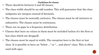 Guidelines for classes
• There should be between 5 and 20 classes.
• The class width should be an odd number. This will guarantee that the class
midpoints are integers instead of decimals.
• The classes must be mutually exclusive. The classes must be all inclusive or
exhaustive. The classes must be continuous.
• There are no gaps in a frequency distribution.
• Classes that have no values in them must be included (unless it's the first or
last class which are dropped).
• The classes must be equal in width. The exception here is the first or last
class. It is possible to have an "below ..." or "... and above" class. This is often
used with ages.
 