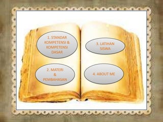 1. STANDAR
KOMPETENSI &
KOMPETENSI
DASAR
2. MATERI
&
PEMBAHASAN
3. LATIHAN
SISWA
4. ABOUT ME
 