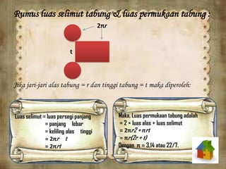 Rumus luas selimut tabung & luas permukaan tabung :
2πr
t
Jika jari-jari alas tabung = r dan tinggi tabung = t maka diperoleh:
Luas selimut = luas persegi panjang
= panjang lebar
= keliling alas tinggi
= 2πr t
= 2πrt
Maka, Luas permukaan tabung adalah
= 2 × luas alas + luas selimut
= 2πr2 + πrt
= πr(2r + t)
Dengan π = 3,14 atau 22/7.
 