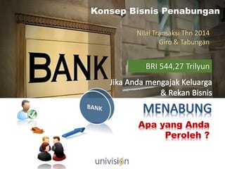 Konsep Bisnis Penabungan
BRI 544,27 Trilyun
Nilai Transaksi Thn 2014
Giro & Tabungan
Apa yang Anda
Peroleh ?
 