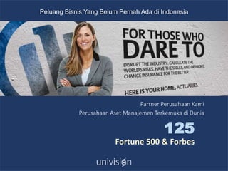 Peluang Bisnis Yang Belum Pernah Ada di Indonesia
Perusahaan Aset Manajemen Terkemuka di Dunia
125
Fortune 500 & Forbes
Partner Perusahaan Kami
 