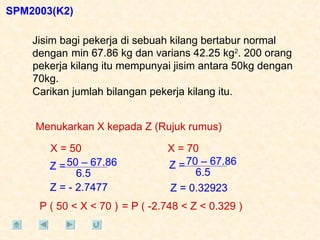Jisim bagi pekerja di sebuah kilang bertabur normal dengan  Carikan jumlah bilangan pekerja kilang itu. SPM2003(K2) min 67.86 kg dan varians 42.25 kg 2 . 200 orang  pekerja kilang itu mempunyai jisim antara 50kg dengan 70kg.  Menukarkan X kepada Z (Rujuk rumus) X = 50 X = 70 Z = - 2.7477 Z = 0.32923 P ( 50 < X < 70 ) = P ( -2.748 < Z < 0.329 ) Z =  50 – 67.86  6.5 Z =  70 – 67.86  6.5 