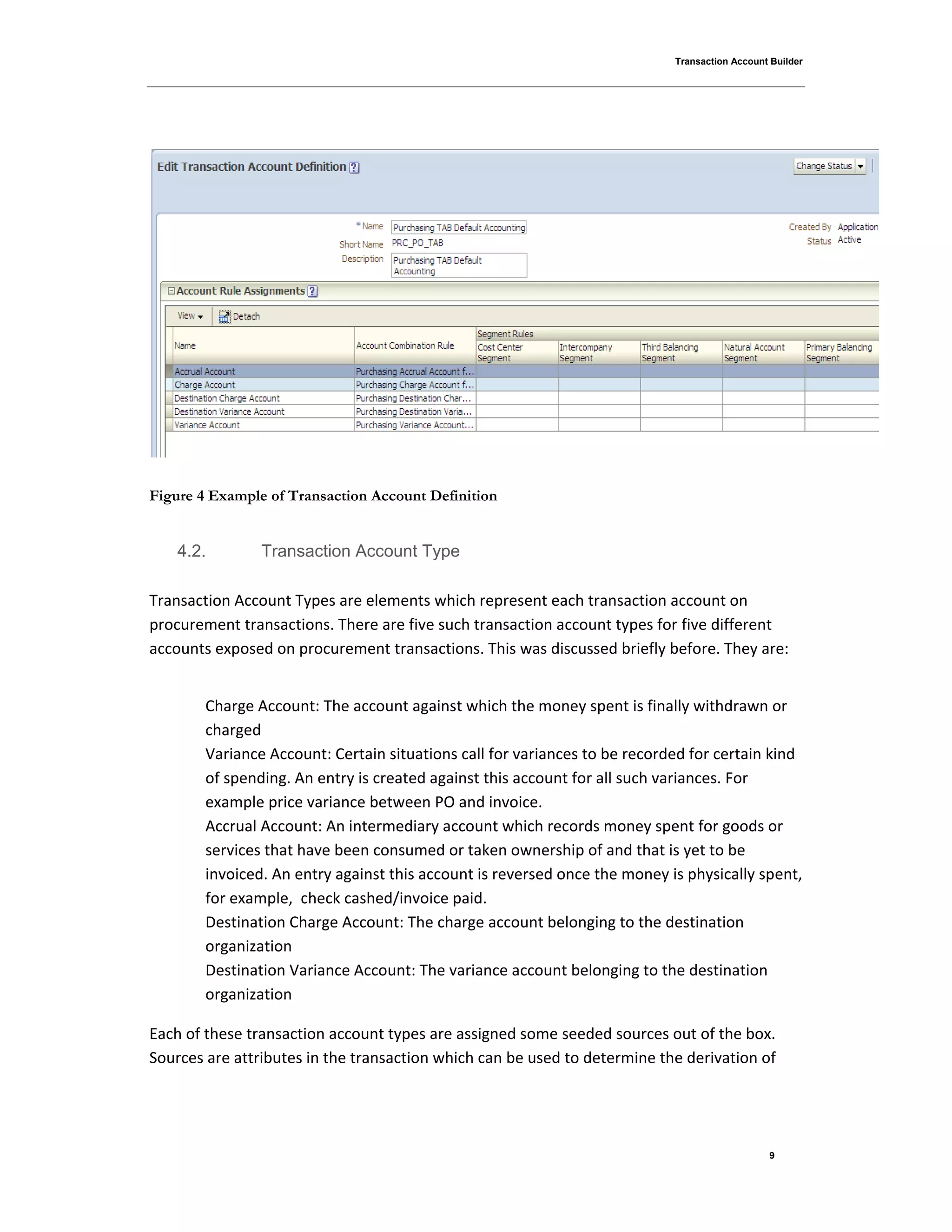 Transaction Account Builder
9
Figure 4 Example of Transaction Account Definition
4.2. Transaction Account Type
Transaction Account Types are elements which represent each transaction account on
procurement transactions. There are five such transaction account types for five different
accounts exposed on procurement transactions. This was discussed briefly before. They are:
Charge Account: The account against which the money spent is finally withdrawn or
charged
Variance Account: Certain situations call for variances to be recorded for certain kind
of spending. An entry is created against this account for all such variances. For
example price variance between PO and invoice.
Accrual Account: An intermediary account which records money spent for goods or
services that have been consumed or taken ownership of and that is yet to be
invoiced. An entry against this account is reversed once the money is physically spent,
for example, check cashed/invoice paid.
Destination Charge Account: The charge account belonging to the destination
organization
Destination Variance Account: The variance account belonging to the destination
organization
Each of these transaction account types are assigned some seeded sources out of the box.
Sources are attributes in the transaction which can be used to determine the derivation of
 