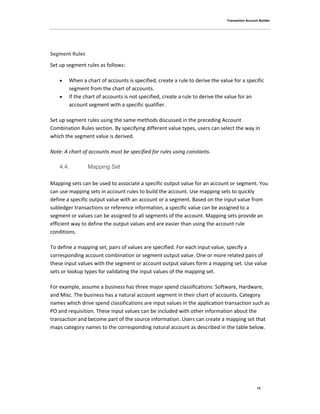 Transaction Account Builder
13
Segment Rules
Set up segment rules as follows:
 When a chart of accounts is specified, create a rule to derive the value for a specific
segment from the chart of accounts.
 If the chart of accounts is not specified, create a rule to derive the value for an
account segment with a specific qualifier.
Set up segment rules using the same methods discussed in the preceding Account
Combination Rules section. By specifying different value types, users can select the way in
which the segment value is derived.
Note: A chart of accounts must be specified for rules using constants.
4.4. Mapping Set
Mapping sets can be used to associate a specific output value for an account or segment. You
can use mapping sets in account rules to build the account. Use mapping sets to quickly
define a specific output value with an account or a segment. Based on the input value from
subledger transactions or reference information, a specific value can be assigned to a
segment or values can be assigned to all segments of the account. Mapping sets provide an
efficient way to define the output values and are easier than using the account rule
conditions.
To define a mapping set, pairs of values are specified. For each input value, specify a
corresponding account combination or segment output value. One or more related pairs of
these input values with the segment or account output values form a mapping set. Use value
sets or lookup types for validating the input values of the mapping set.
For example, assume a business has three major spend classifications: Software, Hardware,
and Misc. The business has a natural account segment in their chart of accounts. Category
names which drive spend classifications are input values in the application transaction such as
PO and requisition. These input values can be included with other information about the
transaction and become part of the source information. Users can create a mapping set that
maps category names to the corresponding natural account as described in the table below.
 