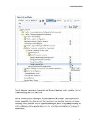 Transaction Account Builder
34
Step 2: A seeded mapping set Expense Accrual Account – Business Unit is available. You can
use this to setup the Accrual Account.
Step 3: Another seeded mapping set Purchasing Natural Account for Transaction Account
Builder is available here. One can edit the mapping set and populate the input and output
mappings. This is a natural account segment mapping set. Based on input Requisitioning BU
and Item Category Name, you can determine the natural account segment of an account
combination.
 