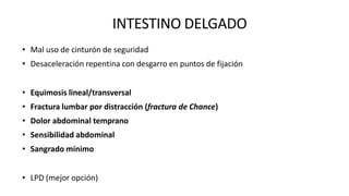 INTESTINO DELGADO
• Mal uso de cinturón de seguridad
• Desaceleración repentina con desgarro en puntos de fijación
• Equimosis lineal/transversal
• Fractura lumbar por distracción (fractura de Chance)
• Dolor abdominal temprano
• Sensibilidad abdominal
• Sangrado mínimo
• LPD (mejor opción)
 