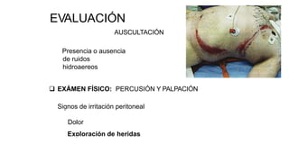 EVALUACIÓN
EXÁMEN FÍSICO: AUSCULTACIÓN
Presencia o ausencia
de ruidos
hidroaereos
 EXÁMEN FÍSICO: PERCUSIÓN Y PALPACIÓN
Signos de irritación peritoneal
Dolor
Exploración de heridas
 