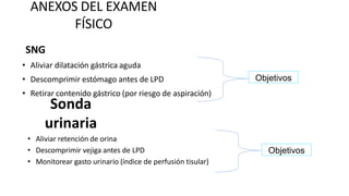 ANEXOS DEL EXAMEN
FÍSICO
SNG
• Aliviar dilatación gástrica aguda
• Descomprimir estómago antes de LPD
• Retirar contenido gástrico (por riesgo de aspiración)
Objetivos
Sonda
urinaria
• Aliviar retención de orina
• Descomprimir vejiga antes de LPD
• Monitorear gasto urinario (índice de perfusión tisular)
Objetivos
 