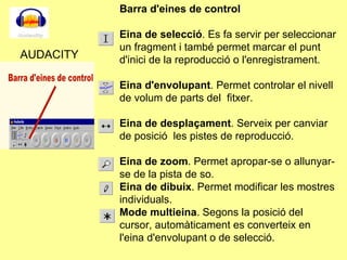 AUDACITY Barra d'eines de control Eina de selecció . Es fa servir per seleccionar un fragment i també permet marcar el punt d'inici de la reproducció o l'enregistrament. Eina d'envolupant . Permet controlar el nivell de volum de parts del  fitxer. Eina de desplaçament . Serveix per canviar de posició  les pistes de reproducció. Eina de zoom . Permet apropar-se o allunyar-se de la pista de so. Eina de dibuix . Permet modificar les mostres individuals. Mode multieina . Segons la posició del cursor, automàticament es converteix en l'eina d'envolupant o de selecció. 