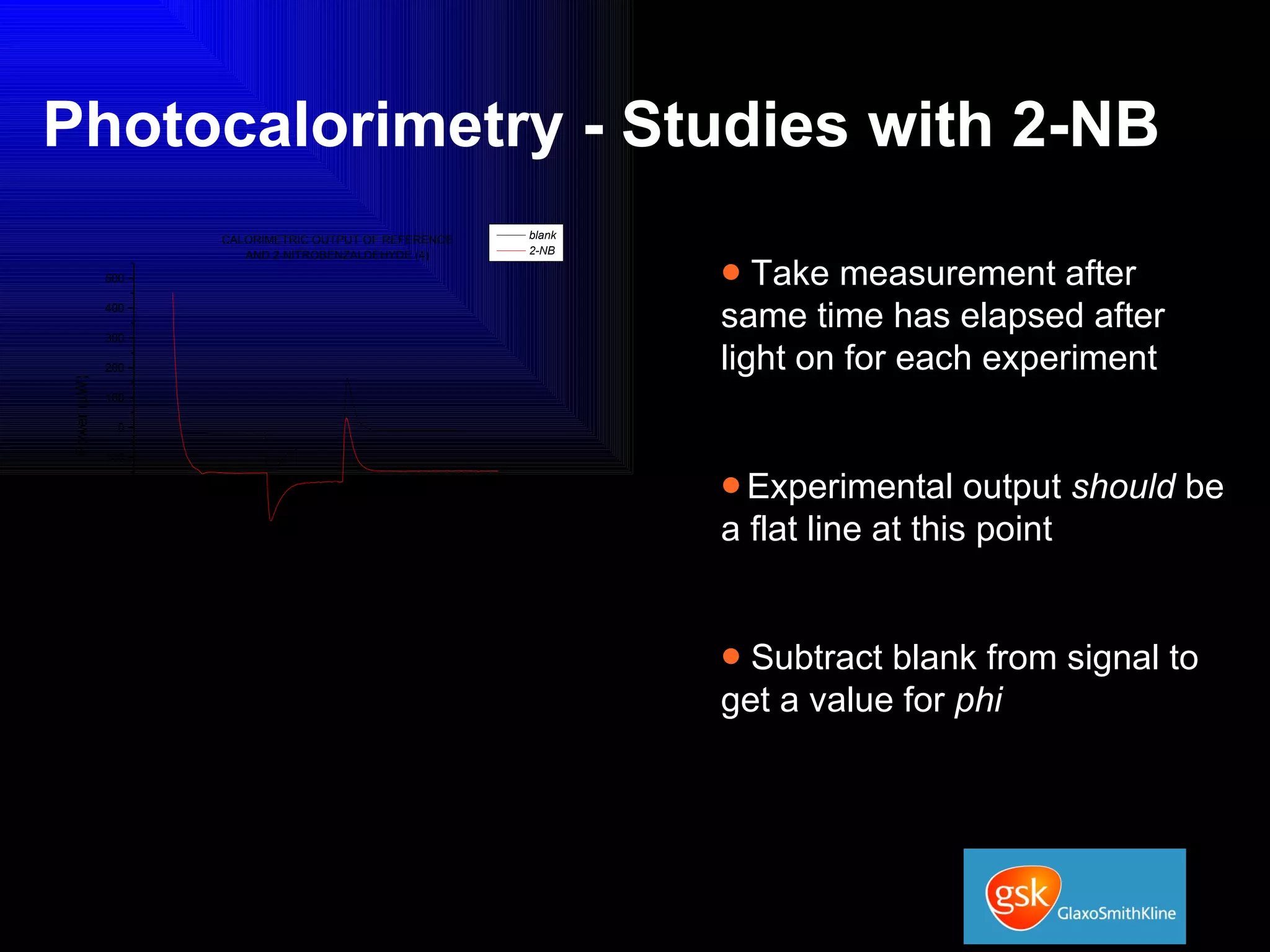 Photocalorimetry - Studies with 2-NB Take measurement after same time has elapsed after light on for each experiment Experimental output  should  be a flat line at this point Subtract blank from signal to get a value for  phi 