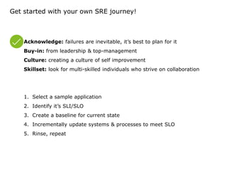 Get started with your own SRE journey!
Acknowledge: failures are inevitable, it’s best to plan for it
Buy-in: from leadership & top-management
Culture: creating a culture of self improvement
Skillset: look for multi-skilled individuals who strive on collaboration
1. Select a sample application
2. Identify it’s SLI/SLO
3. Create a baseline for current state
4. Incrementally update systems & processes to meet SLO
5. Rinse, repeat
 