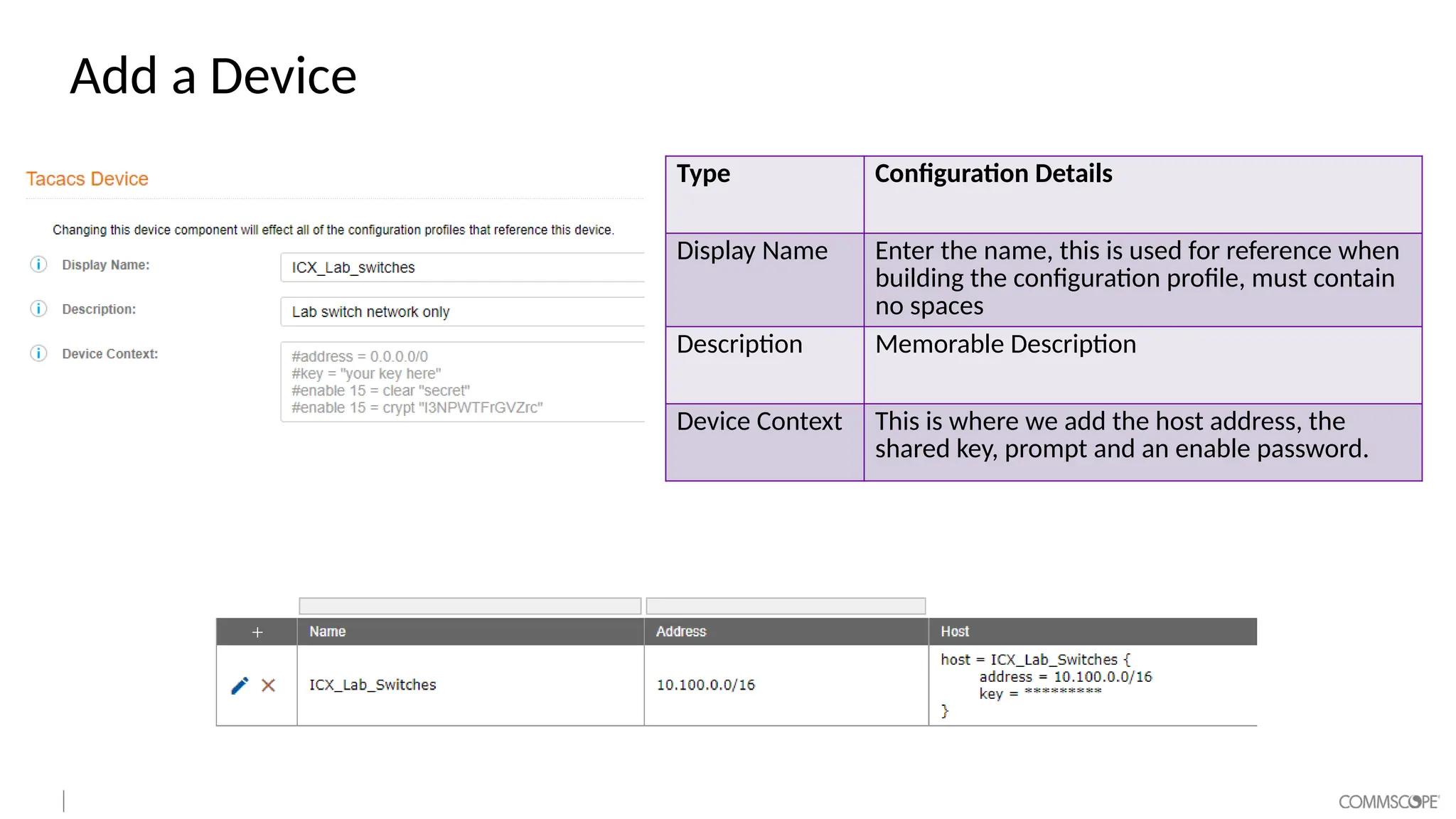 Add a Device
Type Configuration Details
Display Name Enter the name, this is used for reference when
building the configuration profile, must contain
no spaces
Description Memorable Description
Device Context This is where we add the host address, the
shared key, prompt and an enable password.
 