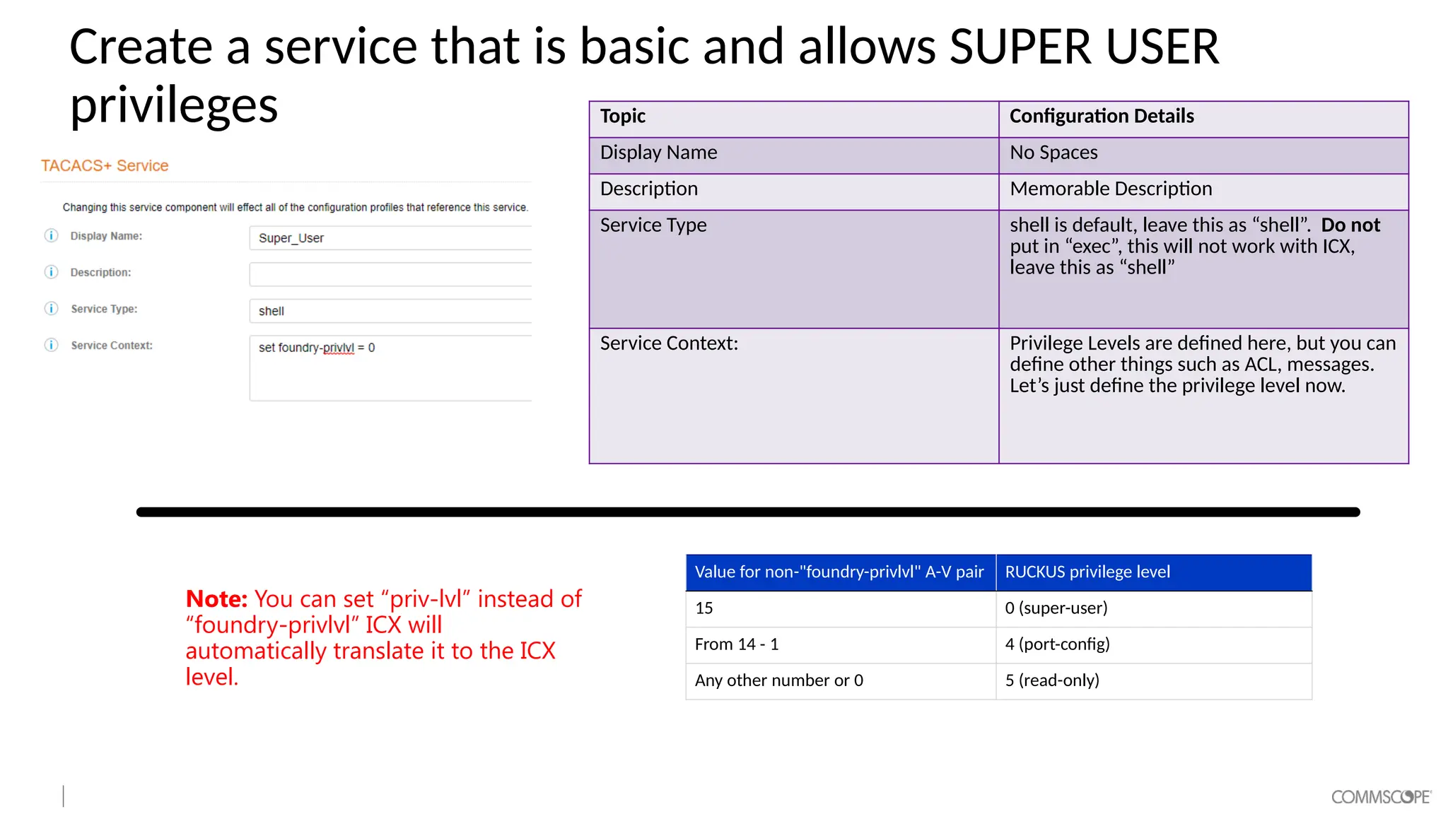 Create a service that is basic and allows SUPER USER
privileges Topic Configuration Details
Display Name No Spaces
Description Memorable Description
Service Type shell is default, leave this as “shell”. Do not
put in “exec”, this will not work with ICX,
leave this as “shell”
Service Context: Privilege Levels are defined here, but you can
define other things such as ACL, messages.
Let’s just define the privilege level now.
Value for non-"foundry-privlvl" A-V pair RUCKUS privilege level
15 0 (super-user)
From 14 - 1 4 (port-config)
Any other number or 0 5 (read-only)
Note: You can set “priv-lvl” instead of
“foundry-privlvl” ICX will
automatically translate it to the ICX
level.
 