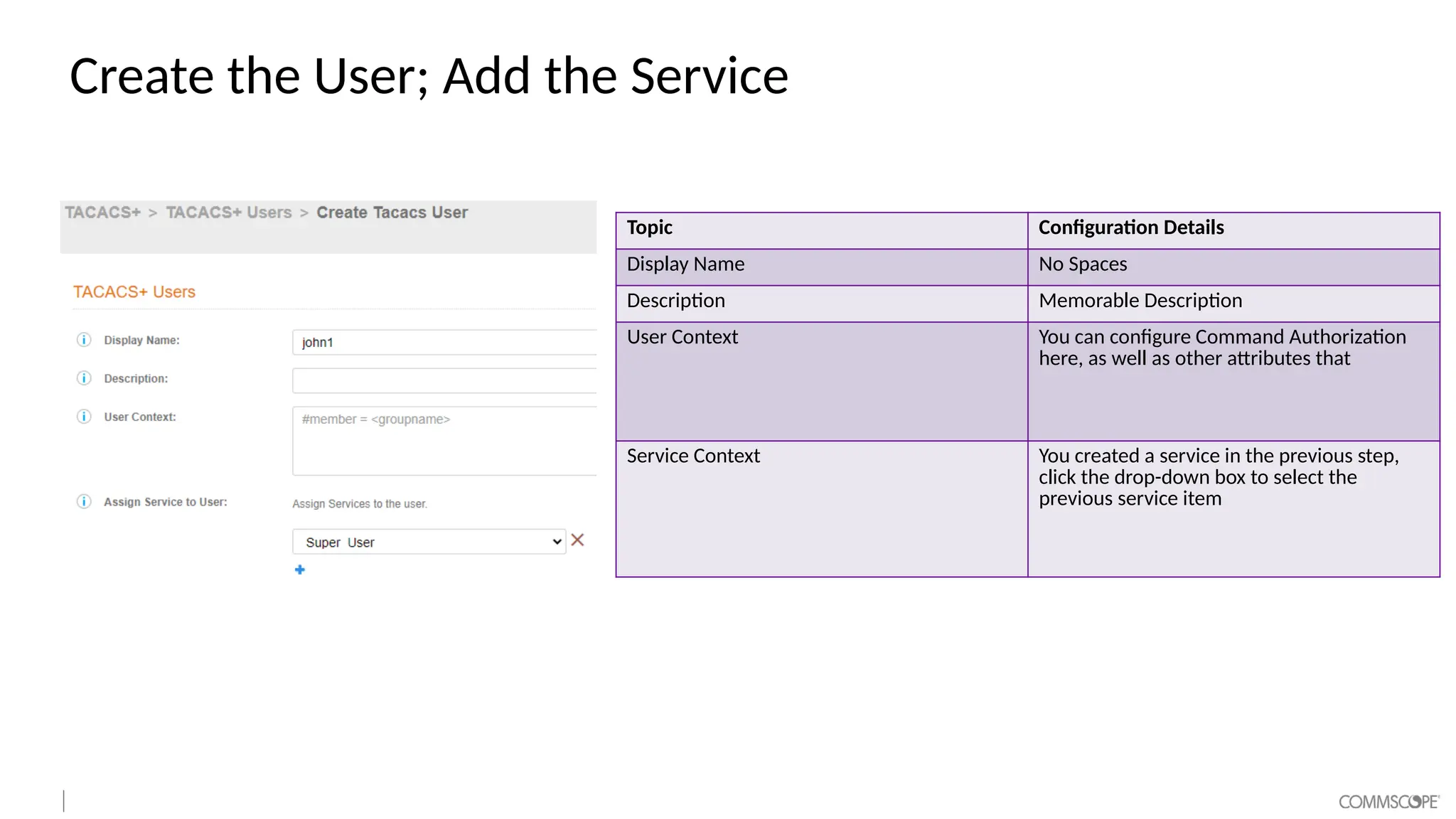 Create the User; Add the Service
Topic Configuration Details
Display Name No Spaces
Description Memorable Description
User Context You can configure Command Authorization
here, as well as other attributes that
Service Context You created a service in the previous step,
click the drop-down box to select the
previous service item
 