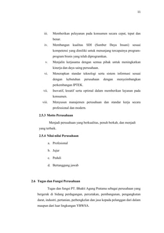 11

iii.

Memberikan pelayanan pada konsumen secara cepat, tepat dan
benar.

iv.

Membangun kualitas

SDI (Sumber

Daya

Insani) sesuai

kompetensi yang dimiliki untuk menunjang tercapainya programprogram bisnis yang telah diprogramkan.
v.

Menjalin kerjasama dengan semua pihak untuk meningkatkan
kinerja dan daya saing perusahaan.

vi.

Menerapkan standar teknologi serta sistem informasi sesuai
dengan

kebutuhan

perusahaan

dengan

menyeimbangkan

perkembangan IPTEK.
vii.

Inovatif, kreatif serta optimal dalam memberikan layanan pada
konsumen.

viii.

Menyusun manajemen perusahaan dan standar kerja secara
professional dan modern.

2.5.3 Motto Perusahaan
Menjadi perusahaan yang berkualitas, penuh berkah, dan menjadi
yang terbaik.
2.5.4 Nilai-nilai Perusahaan
a. Profesional
b. Jujur
c. Peduli
d. Bertanggung jawab

2.6 Tugas dan Fungsi Perusahaan
Tugas dan fungsi PT. Bhakti Agung Pratama sebagai perusahaan yang
bergerak di bidang perdagangan, percetakan, pembangunan, pengangkutan
darat, industri, pertanian, perbengkelan dan jasa kepada pelanggan dari dalam
maupun dari luar lingkungan YBWSA.

 