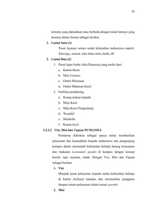 32

tertentu yang dipisahkan atau berbeda dengan lantai lainnya yang
disusun dalam format sebagai berikut:
1. Lantai Satu (1)
Pusat layanan umum untuk kebutuhan mahasiswa seperti:
fotocopy, warnet, toko buku mini, butik, dll
2. Lantai Dua (2)
1. Pusat Jajan Serba Ada (Pujasera) yang terdiri dari:
a. Kantin Besar
b. Mini Counter
c. Outlet Minuman
d. Outlet Makanan Kecil
2. Fasilitas pendukung
a. Ruang makan terpadu
b. Meja Kasir
c. Meja Kursi Pengunjung
d. Wastafel
e. Musholla
f. Kamar kecil
3.2.2.2 Visi, Misi dan Tujuan PUMANISA
Pumanisa didirikan sebagai upaya untuk memberikan
pelayanan dan kemudahan kepada mahasiswa dan pengunjung
kampus dalam memenuhi kebutuhan belanja barang konsumen
dan makanan (consumer goods) di kampus dengan konsep
bersih, rapi, nyaman, indah. Dengan Visi, Misi dan Tujuan
sebagai berikut:
1. Visi
Menjadi pusat pelayanan terpadu aneka kebutuhan belanja
& kantin (kuliner) kampus dan memuaskan pengguna
dengan sistem pelayanan islami sesuai syariah.
2. Misi

 