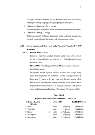 39

Bertugas membuat laporan secara komputerisasi dan menghitung
pembagian untuk pedagang dan bagian pengelola Pumanisa.
6. Outsource cleaning service(4 orang)
Bertugas menjaga kebersihan dan keindahan seluruh bagian Pumanisa.
7. Outsource security (2 orang)
Bertanggungjawab terhadap keamanan serta melarang pengunjung
merokok, seluruh bagian Pumanisa baik siang maupun malam.

3.2.6

Sistem Operasional Bagi Hasil pada Pujasera Pumanisa-PT. BAP
Semarang

3.2.6.1

Produk dan Layanan
Pumanisa membuka produk layanan dalam satu area terpadu
berupa berbagai fasilitas one stop services di lingkungan kampus
Unissula, yaitu:
PUMANISA (Pusat Layanan Umum Mahasiswa dan Apresiasi
Seni Sultan Agung)
Merupakan produk layanan inti dari seluruh area berupa ruang
untuk fasilitas jajanan dan makanan ( kuliner ) yang dipusatkan di
lantai dua (2) yang terdiri dari tiga jenis layanan utama yakni:
kantin besar, mini counter, outlet minuman, outlet makan kecil.
Layanan kantin standar (non VIP) menyajikan konten 10 (sepuluh)
menu makanan dengan kapasitas 50 meja dan 200 tempat duduk.
Tabel 3.2.6.1
Layanan Menu Jajanan & Makanan PUMANISA

1
2
3
4
5

MENU UTAMA
(KHAS)
Pecel
Tela Tela
Bakso
Mie Ayam
Soto Ayam

JUMLAH
1
1
2
1
2

outlet
outlet
outlet
outlet
outlet

1 Pedagang
1 Pedagang
2 Pedagang
2 Pedagang
2 Pedagang

KETERANGAN
EXISTING
EXISTING
EXISTING
EXISTING
EXISTING

 