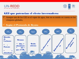 GEI que potencian el efecto invernadero:
 Aunque uno de los GEI es el vapor de agua, éste no es tenido en cuenta en los
 Aunque uno de los GEI es el vapor de agua, éste no es tenido en cuenta en los
cómputos globales.
cómputos globales.
 Según el Protocolo de Kyoto:
 Según el Protocolo de Kyoto:


+
abundante

SF6

HFC

Óxido
nitroso

H
ex
af
l
su uor
lf u u r
ro o d

 2do. +
abundante

23 +
que el CO2

lu
or
os oca
rb
o

Metano:

n

e

PFC

H
id
ro
f


Potente

N 2O

or
oc
s arb
on
o

Dióxido
de
Carbono:

CH4

Pe
rf
lu

CO2

 