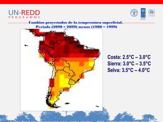Cambios proyectados de la temperatura superficial.
Periodo (2090 – 2099) menos (1980 – 1999)

Costa: 2.5°C – 3.0°C
Sierra: 3.0°C – 3.5°C
Selva: 3.5°C – 4.0°C

 