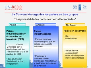 La Convención organiza los países en tres grupos
"Responsabilidades comunes pero diferenciadas"
Anexo I
Países
industrializados y
economías en
transición (EET)
• Adoptar políticas
y medidas con el
objeto de reducir las
emisiones de GEI a los
niveles de 1990
• Las EET tienen
"flexibilidad“ en los
compromisos

Anexo II
Países
industrializados
• Proveer recursos
financieros para que los
países en desarrollo
enfrenten los costos de la
implementación de
medidas
• Promover la
transferencia de
tecnologías hacia las EET
y las Partes no incluidas
en el Anexo I

No Anexo I
Países en desarrollo
• Sin obligaciones
cuantitativas

• Se les da una
consideración
especial a los países
menos desarrollados

 