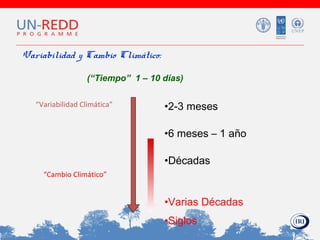 Variabilidad y Cambio Climático:
(“Tiempo” 1 – 10 días)
“Variabilidad Climática”

•2-3 meses
•6 meses – 1 año
•Décadas

“Cambio Climático”

•Varias Décadas
•Siglos

 