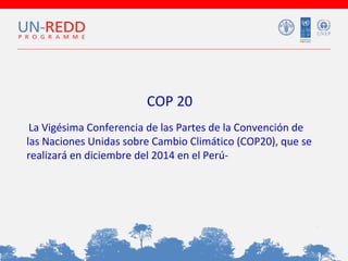 COP 20
La Vigésima Conferencia de las Partes de la Convención de
las Naciones Unidas sobre Cambio Climático (COP20), que se
realizará en diciembre del 2014 en el Perú-

 