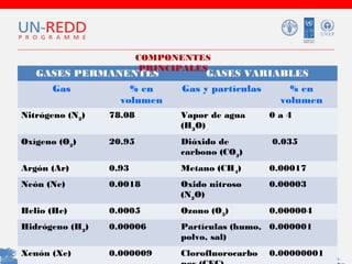 COMPONENTES
PRINCIPALES

GASES PERMANENTES
Gas

% en
volumen

GASES VARIABLES

Gas y partículas

% en
volumen

Nitrógeno (N2)

78.08

Vapor de agua
(H2O)

0a4

Oxígeno (O2)

20.95

Dióxido de
carbono (CO2)

Argón (Ar)

0.93

Metano (CH4)

0.00017

Neón (Ne)

0.0018

Oxido nitroso
(N2O)

0.00003

Helio (He)

0.0005

Ozono (O3)

0.000004

Hidrógeno (H2)

0.00006

Partículas (humo, 0.000001
polvo, sal)

Xenón (Xe)

0.000009

Clorofluorocarbo

0.035

0.00000001

 
