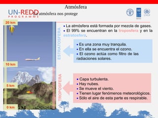 Atmósfera
La atmósfera nos protege

ESTRATOSFERA

20 km

• La atmósfera está formada por mezcla de gases.
• El 99% se encuentran en la troposfera y en la

estratosfera.
• Es una zona muy tranquila.
• En ella se encuentra el ozono.
• El ozono actúa como filtro de las

radiaciones solares.

5 km

0 km

TROPOSFERA

10 km

• Capa turbulenta.
• Hay nubes.
• Se mueve el viento.
• Tienen lugar fenómenos meteorológicos.
• Sólo el aire de esta parte es respirable.

 