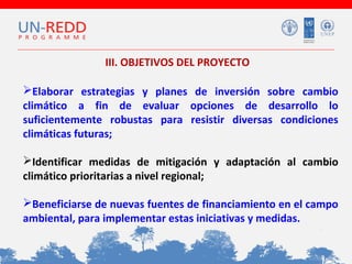 III. OBJETIVOS DEL PROYECTO
 
Elaborar estrategias y planes de inversión sobre cambio
climático a fin de evaluar opciones de desarrollo lo
suficientemente robustas para resistir diversas condiciones
climáticas futuras;
Identificar medidas de mitigación y adaptación al cambio
climático prioritarias a nivel regional;
Beneficiarse de nuevas fuentes de financiamiento en el campo
ambiental, para implementar estas iniciativas y medidas.

 