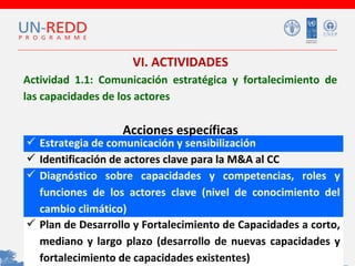 VI. ACTIVIDADES
Actividad 1.1: Comunicación estratégica y fortalecimiento de
las capacidades de los actores

Acciones específicas

 Estrategia de comunicación y sensibilización
 Identificación de actores clave para la M&A al CC
 Diagnóstico sobre capacidades y competencias, roles y
funciones de los actores clave (nivel de conocimiento del
cambio climático)
 Plan de Desarrollo y Fortalecimiento de Capacidades a corto,
mediano y largo plazo (desarrollo de nuevas capacidades y
fortalecimiento de capacidades existentes)

 