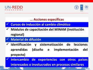 






... Acciones específicas
Cursos de inducción al cambio climático
Módulos de capacitación del MINAM (Institución
regional)
Material de difusión
Identificación y sistematización de lecciones
aprendidas (diseño e implementación del
proyecto)
Intercambio de experiencias con otros países
interesados o involucrados en procesos similares

 