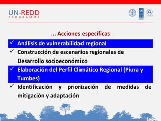 ... Acciones específicas
 Análisis de vulnerabilidad regional
 Construcción de escenarios regionales de
Desarrollo socioeconómico
 Elaboración del Perfil Climático Regional (Piura y
Tumbes)
 Identificación y priorización de medidas de
mitigación y adaptación

 