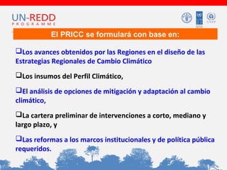 El PRICC se formulará con base en:
Los avances obtenidos por las Regiones en el diseño de las
Estrategias Regionales de Cambio Climático
Los insumos del Perfil Climático,
El análisis de opciones de mitigación y adaptación al cambio
climático,
La cartera preliminar de intervenciones a corto, mediano y
largo plazo, y
Las reformas a los marcos institucionales y de política pública
requeridos.

 