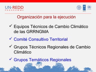 Organización para la ejecución
 Equipos Técnicos de Cambio Climático
de las GRRNGMA
 Comité Consultivo Territorial
 Grupos Técnicos Regionales de Cambio
Climático
 Grupos Temáticos Regionales

 