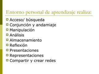 Entorno personal de aprendizaje realiza:
 Acceso/ búsqueda
 Conjunción y andamiaje
 Manipulación
 Análisis
 Almacenamiento
 Reflexión
 Presentaciones
 Representaciones
 Compartir y crear redes
 