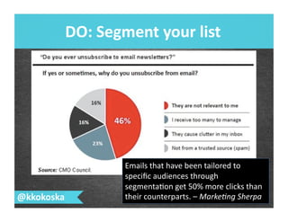 DO:	
  Segment	
  your	
  list	
  
@kkokoska	
  
Emails	
  that	
  have	
  been	
  tailored	
  to	
  
speciﬁc	
  audiences	
  through	
  
segmenta7on	
  get	
  50%	
  more	
  clicks	
  than	
  
their	
  counterparts.	
  –	
  Marke&ng	
  Sherpa	
  
 