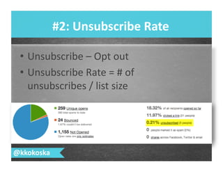 •  Unsubscribe	
  –	
  Opt	
  out	
  
•  Unsubscribe	
  Rate	
  =	
  #	
  of	
  
unsubscribes	
  /	
  list	
  size	
  
#2:	
  Unsubscribe	
  Rate	
  
@kkokoska	
  
 