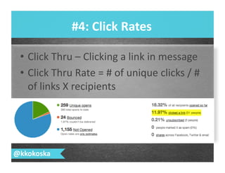 •  Click	
  Thru	
  –	
  Clicking	
  a	
  link	
  in	
  message	
  
•  Click	
  Thru	
  Rate	
  =	
  #	
  of	
  unique	
  clicks	
  /	
  #	
  
of	
  links	
  X	
  recipients	
  
#4:	
  Click	
  Rates	
  
@kkokoska	
  
 