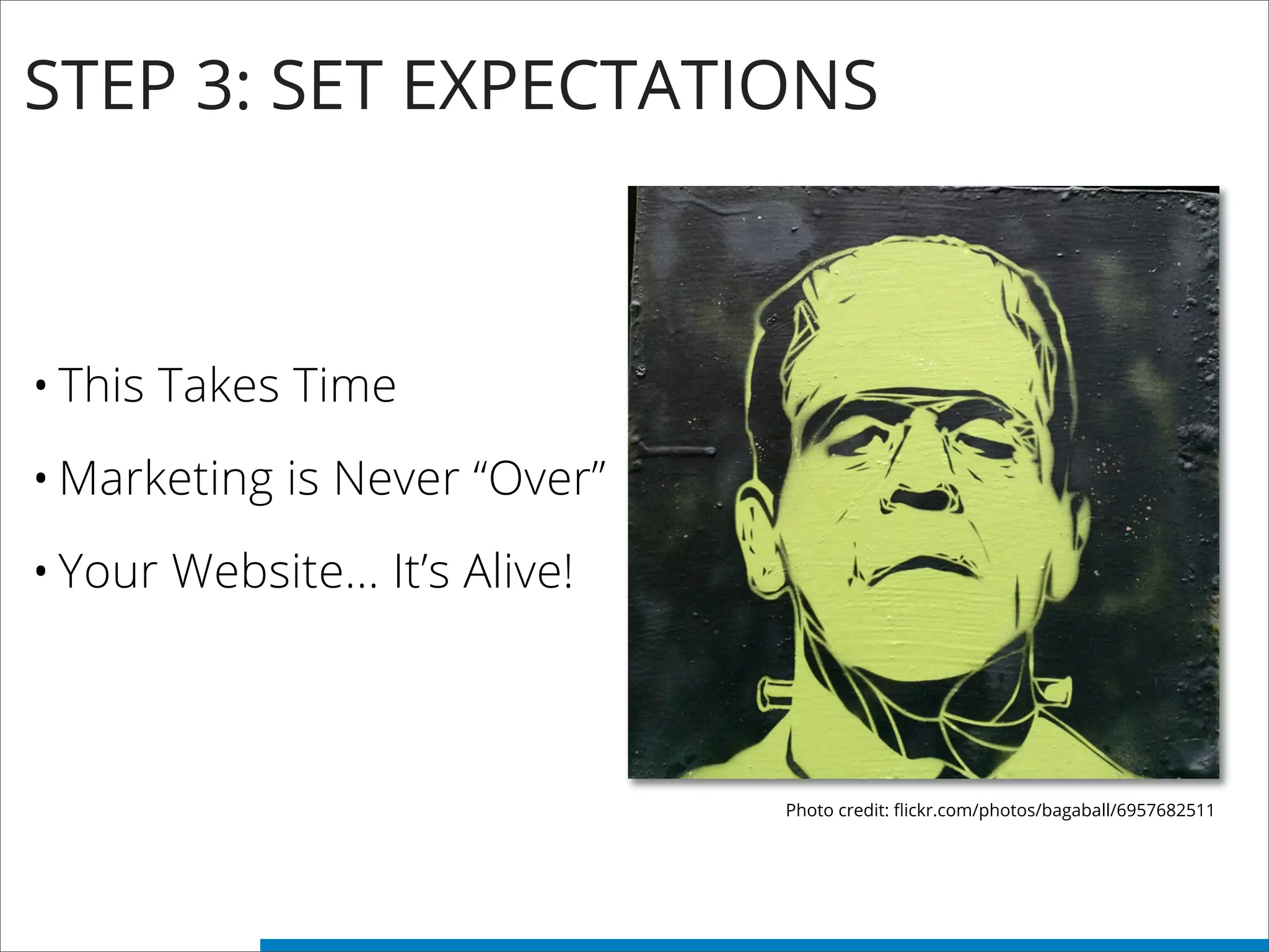 STEP 3: SET EXPECTATIONS
•This Takes Time
•Marketing is Never “Over”
•Your Website... It’s Alive!
Photo credit: ﬂickr.com/photos/bagaball/6957682511
 
