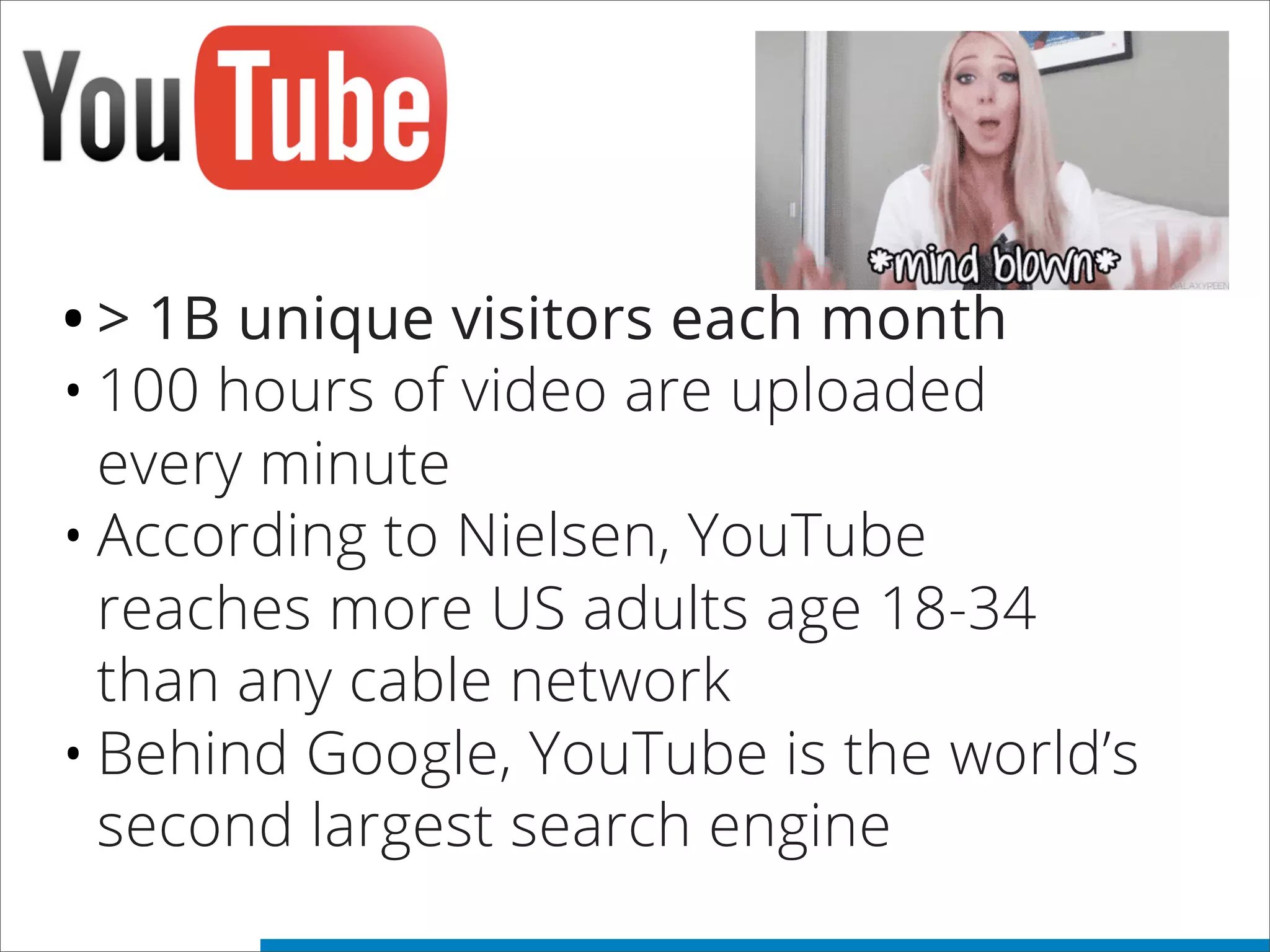 •> 1B unique visitors each month
•100 hours of video are uploaded
every minute
•According to Nielsen, YouTube
reaches more US adults age 18-34
than any cable network
•Behind Google, YouTube is the world’s
second largest search engine
 